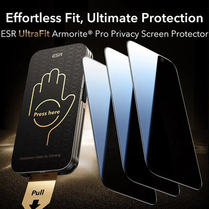 Privacy-näytönsuojakalvo ESR UltraFit Armorite Pro Apple iPhone 17 Pro Maxille, Panssarilasi, Täysliima, 3 kappaleen setti