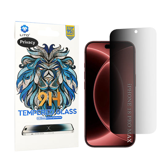 Lito Classic Privacy -näytönsuoja Apple iPhone 18 Pro Maxille, karkaistu lasi, täysiliimainen, 2.5D