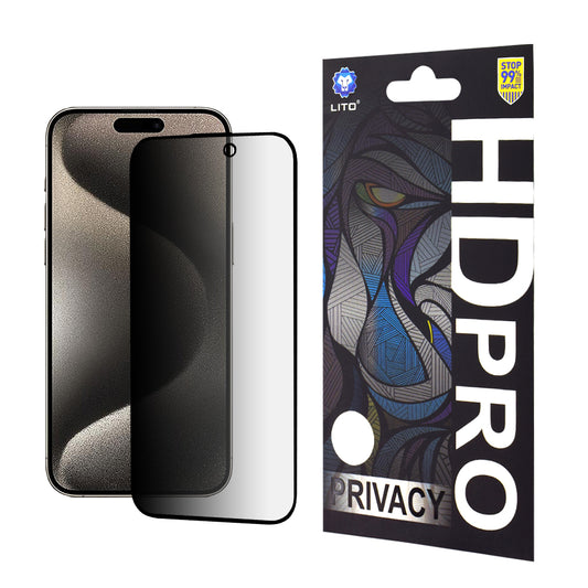 Privacy-suojakalvo Lito HD Pro Apple iPhone 15 Pro Maxille, karkaistu lasi, täysiliimainen