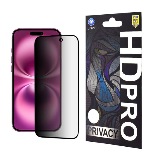 Näytönsuoja Privacy Lito HD Pro Apple iPhone 16 Plus -puhelimelle, karkaistu lasi, täysiliimainen