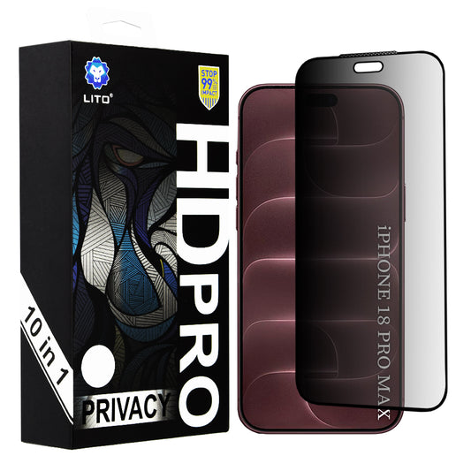 Lito HD Pro Privacy -näytönsuojalasi Apple iPhone 18 Pro Maxille, karkaistua lasia, koko pinnan liimapinta, 10 kappaleen setti