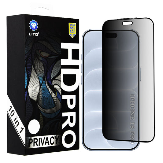 Lito HD Pro Privacy -näytönsuojalasi Apple iPhone 18 Prolle, karkaistua lasia, koko pinnan liimapinta, 10 kappaleen setti