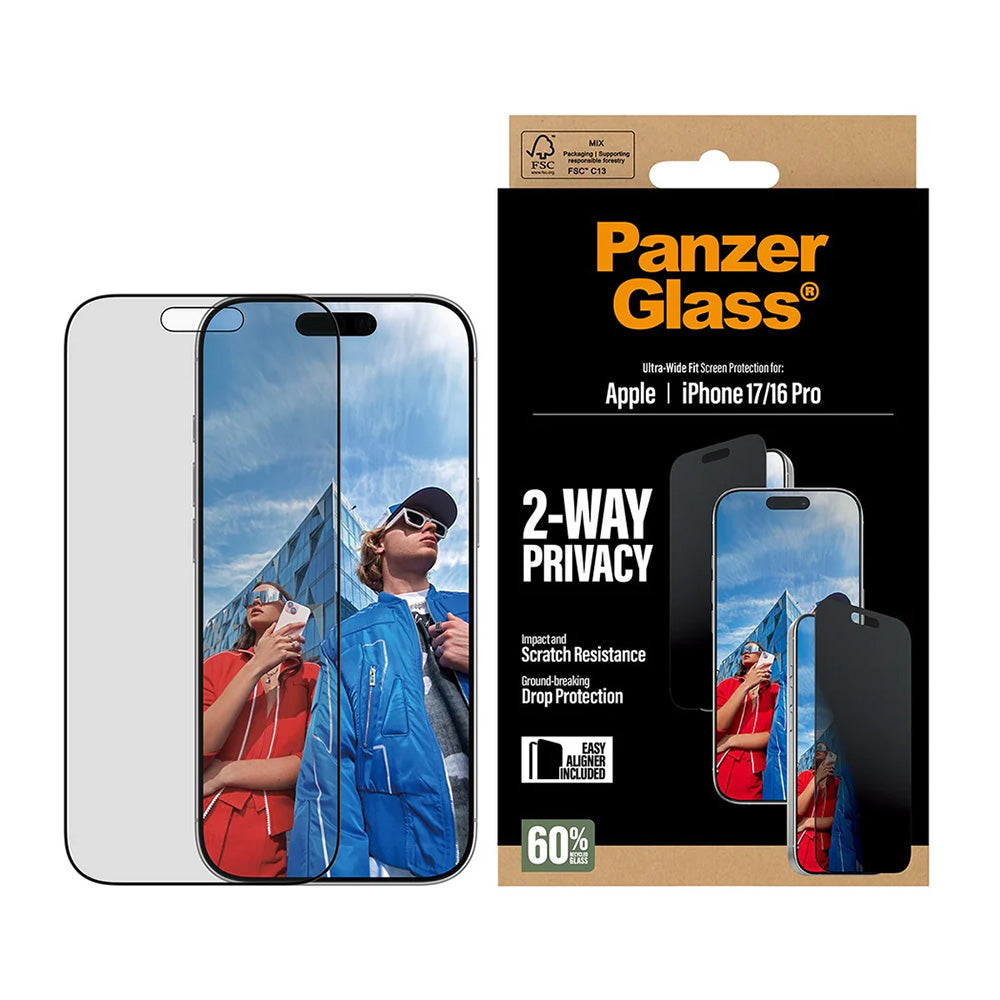 Näytön suojakalvo Privacy PanzerGlass Ultra-Wide Fit 2-Way EasyAligner Apple iPhone 17 / 16 Pro, Karkaistu lasi, Full Glue