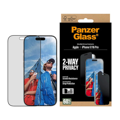 Näytön suojakalvo Privacy PanzerGlass Ultra-Wide Fit 2-Way EasyAligner Apple iPhone 17 / 16 Pro, Karkaistu lasi, Full Glue