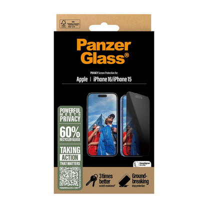PanzerGlass Ultra-Wide Fit EasyAligner Privacy-näytönsuoja Apple iPhone 16 / 15 -puhelimille, Turvalasi, Täysliima