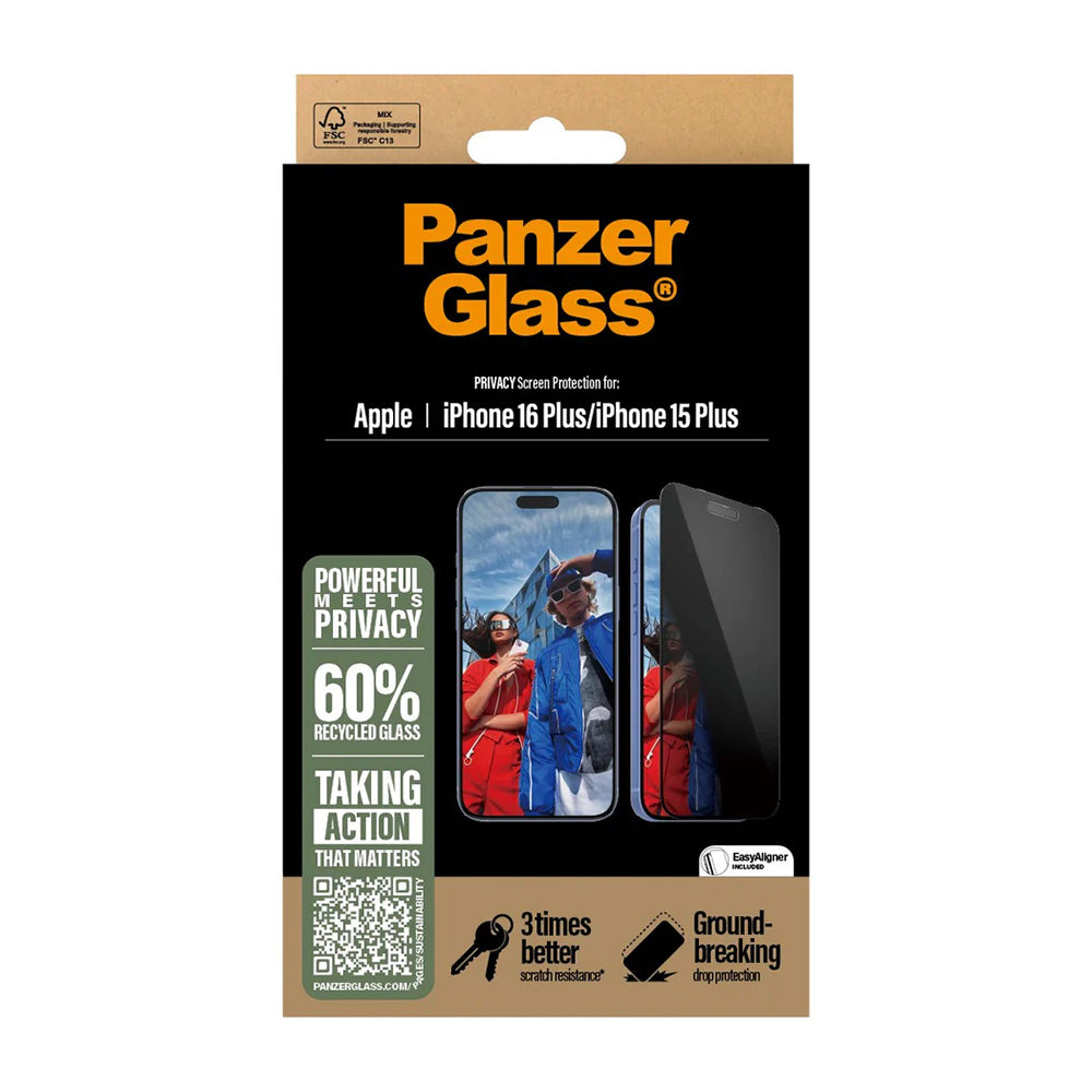 Privacy PanzerGlass Ultra-Wide Fit EasyAligner -näytönsuojakalvo Apple iPhone 16 Plus / 15 Plus -puhelimille, karkaistu lasi, täysliima