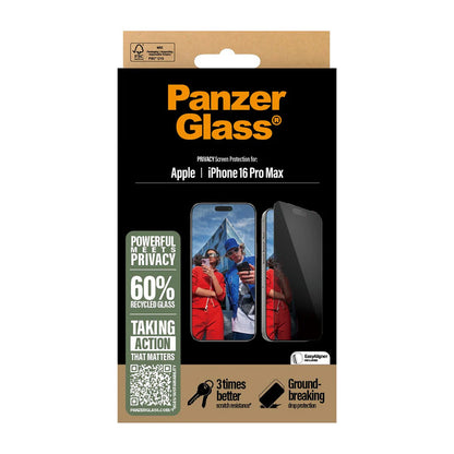 Näytön suojakalvo Privacy PanzerGlass Ultra-Wide Fit EasyAligner Apple iPhone 16 Pro Max, Karkaistu lasi, Full Glue