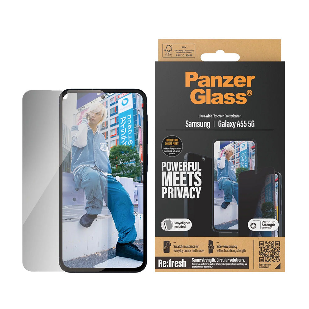 Näytönsuoja Privacy PanzerGlass Ultra-Wide Fit Samsung Galaxy A55 5G A556:lle, Karkaistu lasi, Full Glue