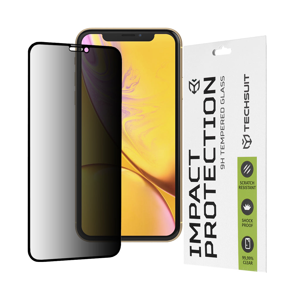 Privacy Techsuit -näytönsuoja Apple iPhone 11 / XR:lle, karkaistu lasi, täysiliimainen, 111D