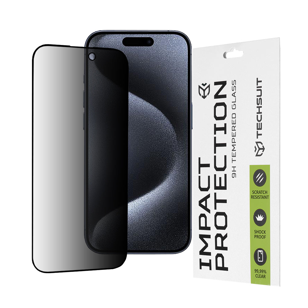 Privacy Techsuit -näytönsuoja Apple iPhone 15 Prolle, karkaistu lasi, täysiliimainen, 111D