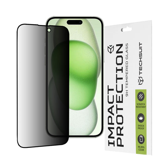 Techsuit Privacy -näytönsuoja Apple iPhone 16 Plus / 15 Plus -puhelimelle, karkaistu lasi, täysiliimainen, 111D