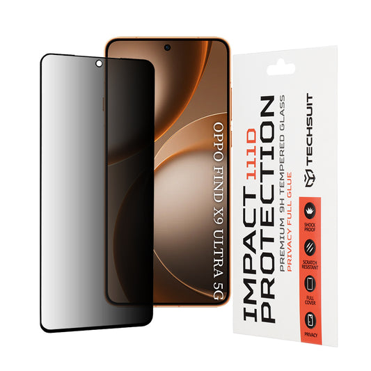 Techsuit Privacy -näytönsuoja Oppo Find X9 Ultra -puhelimelle, karkaistu lasi, täysiliimainen, 111D