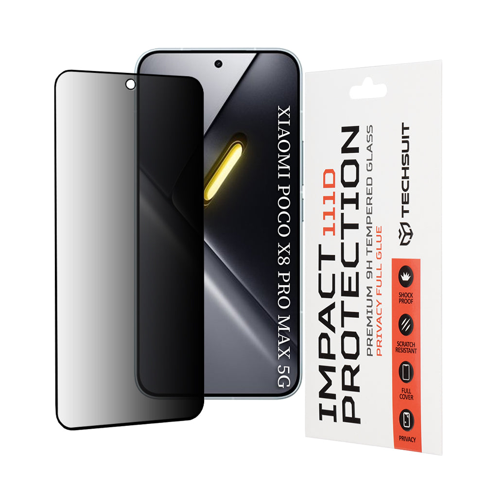 Privacy Techsuit -näytönsuojakalvo Xiaomi Poco X8 Pro Maxille, Panssarilasi, Täysliima, 111D
