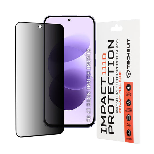 Techsuit Privacy -näytönsuojalasi Xiaomi Redmi Note 17 4G / Note 17 5G -puhelimelle, karkaistua lasia, Full Glue, 111D