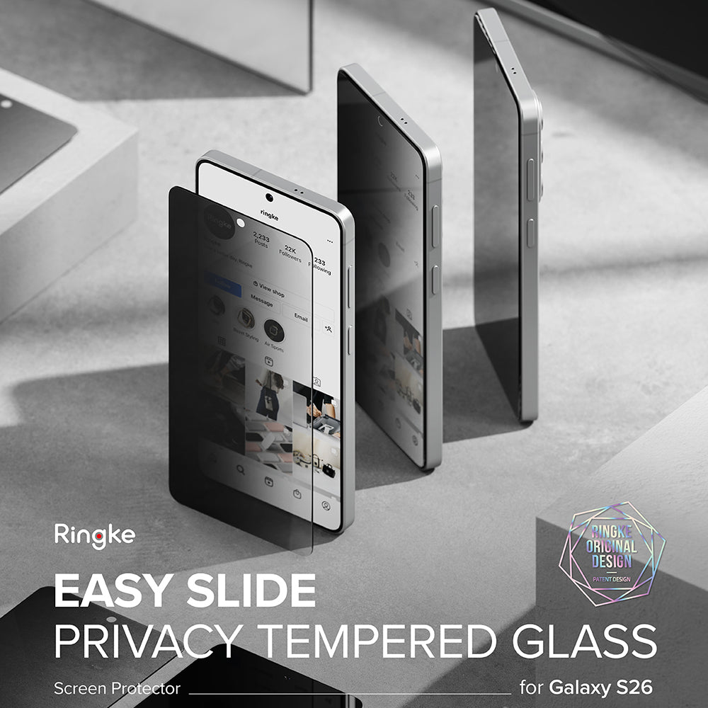 Ringke Easy Slide -suojakalvo Samsung Galaxy S26:lle, karkaistu lasi, täysliima, 2 kappaleen setti, musta