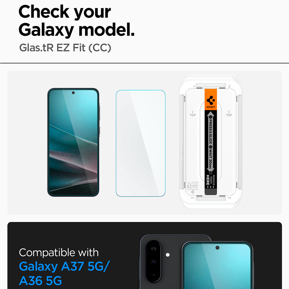 Spigen GlastR EZ FIT HD -suojakalvo Samsung Galaxy A37 5G / A36 A366 -puhelimille, karkaistu lasi, täysliima, 2 kappaleen setti AGL11365