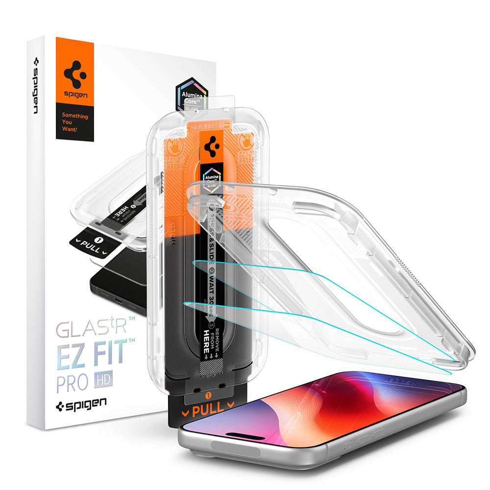 Näytönsuoja Spigen GlastR EZ FIT Pro HD Apple iPhone 18 Pro / 17 Pro / 17 / 16 Pro -malleille, Karkaistu lasi, Täysiliimainen, 2 kappaleen setti AGL12047