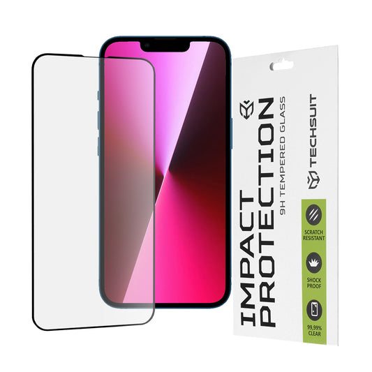 Techsuit M2 -näytönsuoja Apple iPhone 17e / 16e / 14 / 13 Pro -puhelimille, karkaistu lasi, täysiliimainen, 111D, musta