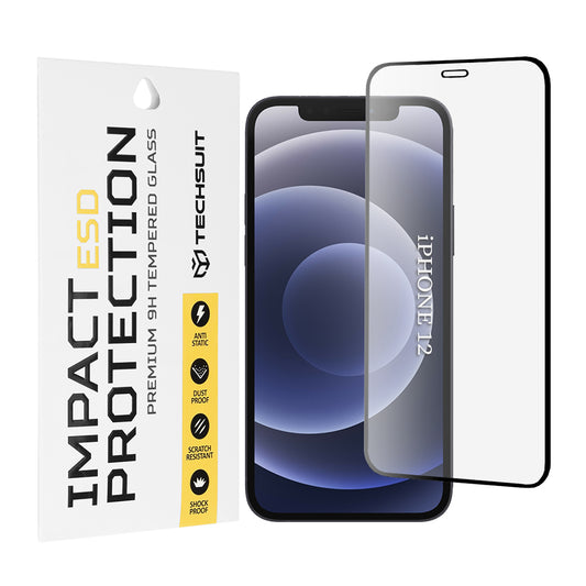 Techsuit-näytönsuoja Apple iPhone 12 / 12 Pro:lle, karkaistu lasi, täysiliimainen, musta