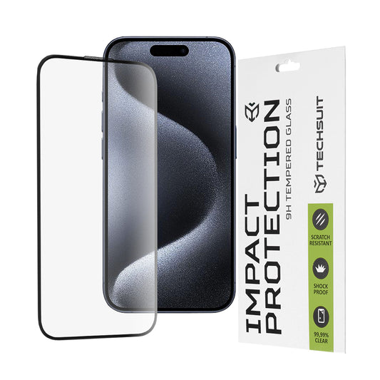 Techsuit-näytönsuoja Apple iPhone 16 / 15 Pro:lle, karkaistu lasi, täyshartsi, 111D, musta