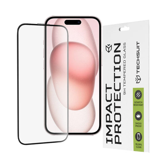 Techsuit-näytönsuoja Apple iPhone 16 / 15:lle, karkaistu lasi, täyshartsi, 111D, musta