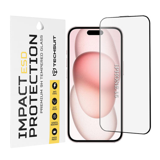 Techsuit-näytönsuoja Apple iPhone 16 / 15:lle, karkaistu lasi, täysiliimainen, musta