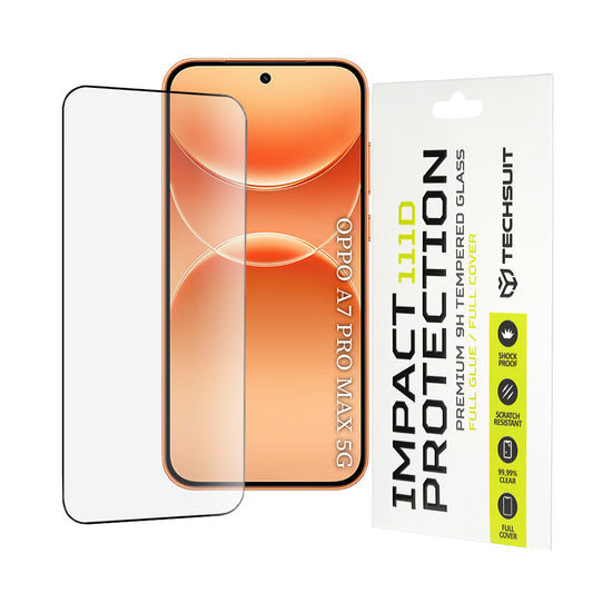 Techsuit-näytönsuojakalvo Oppo A7 Pro Max -puhelimelle, karkaistua lasia, koko näytön liimapinta, 111D, musta
