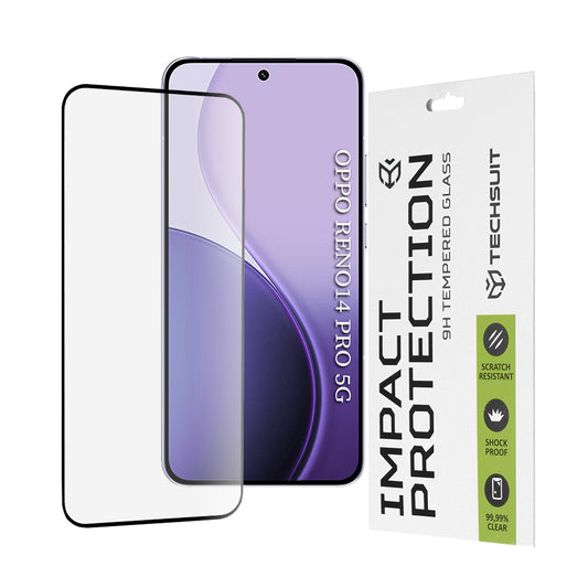 Techsuit-näytönsuoja Oppo Reno14 Prolle, karkaistu lasi, täysiliima, 111D, musta