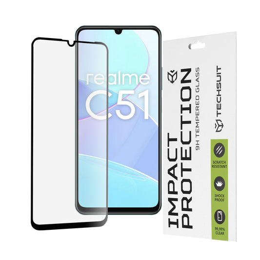 Techsuit-näytönsuoja Realme Note 50 / C51:lle, karkaistu lasi, täyshartsi, 111D, musta