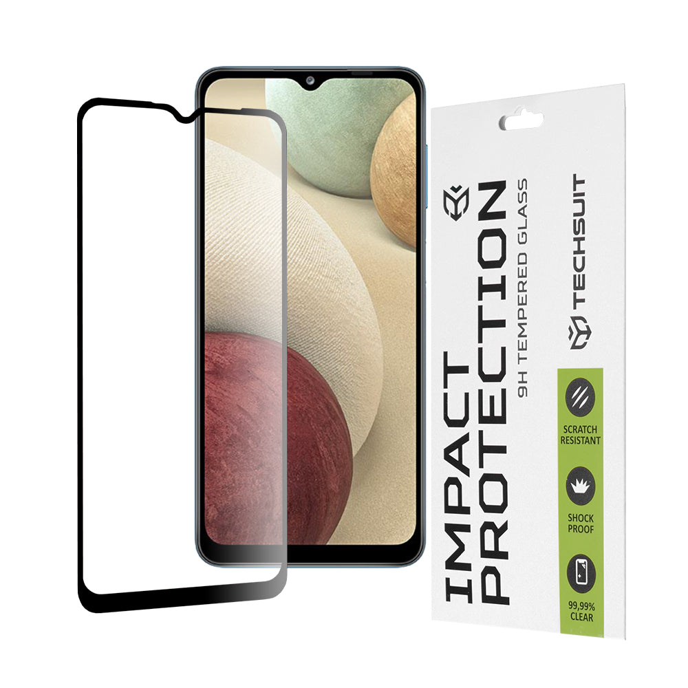 Techsuit-näytönsuoja Samsung Galaxy F12 F127 / A12 Nacho A127 / M02 M022 / M12 M127, karkaistu lasi, täysiliima, 111D, musta