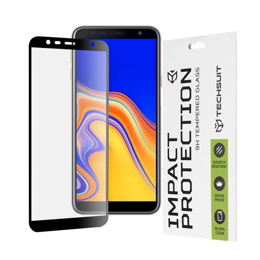 Techsuit-näytönsuoja Samsung Galaxy J6+ J610 / J4 Plus (2018) J415:lle, karkaistu lasi, täysi liima, 111D, musta