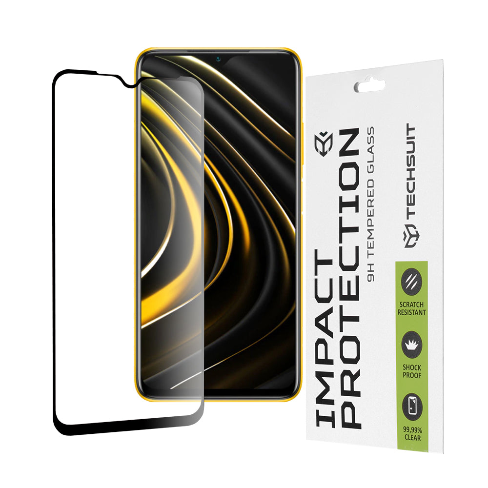 Techsuit-näytönsuoja Xiaomi Redmi 9 Power / 9T / Poco M3:lle, karkaistu lasi, täyshartsi, 111D, musta