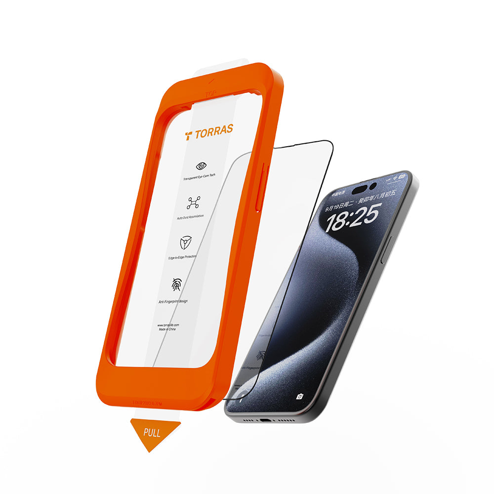 Torras GlassGo Install Master -suojakalvo Apple iPhone 16 Plus -puhelimelle, karkaistu lasi, täysliima, musta