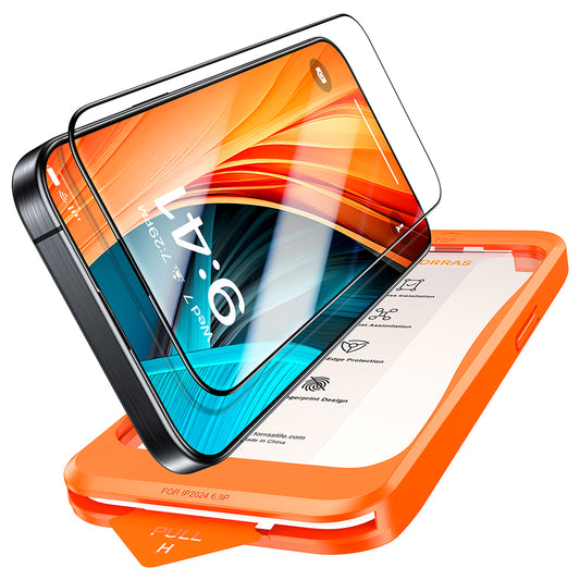 Torras GlassGo Install Master -näytönsuoja Apple iPhone 16 Pro Maxille, karkaistu lasi, täysiliimainen, musta