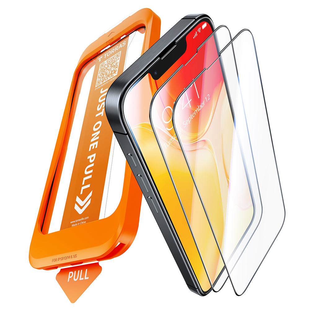 Torras GlassGo Install Master -näytönsuoja Apple iPhone 17e / 16e / 14 / 13 Pro -puhelimille, karkaistu lasi, täysi liima, 2 kappaleen setti