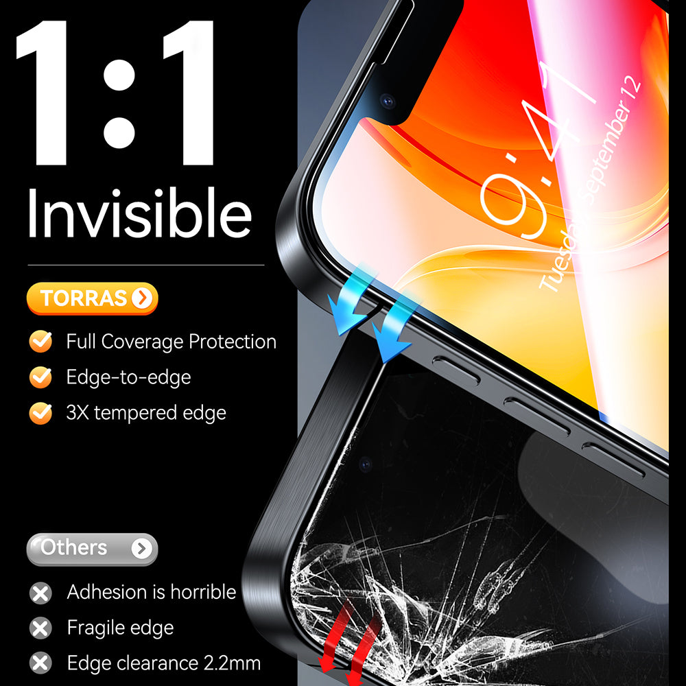 Torras GlassGo Install Master -näytönsuoja Apple iPhone 17e / 16e / 14 / 13 Pro -puhelimille, karkaistu lasi, täysi liima, 2 kappaleen setti