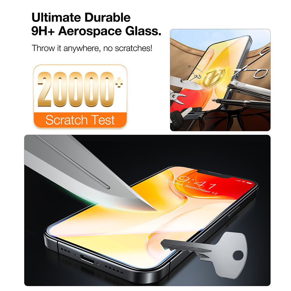 Torras GlassGo Install Master -näytönsuoja Apple iPhone 17e / 16e / 14 / 13 Pro -puhelimille, karkaistu lasi, täysi liima, 2 kappaleen setti