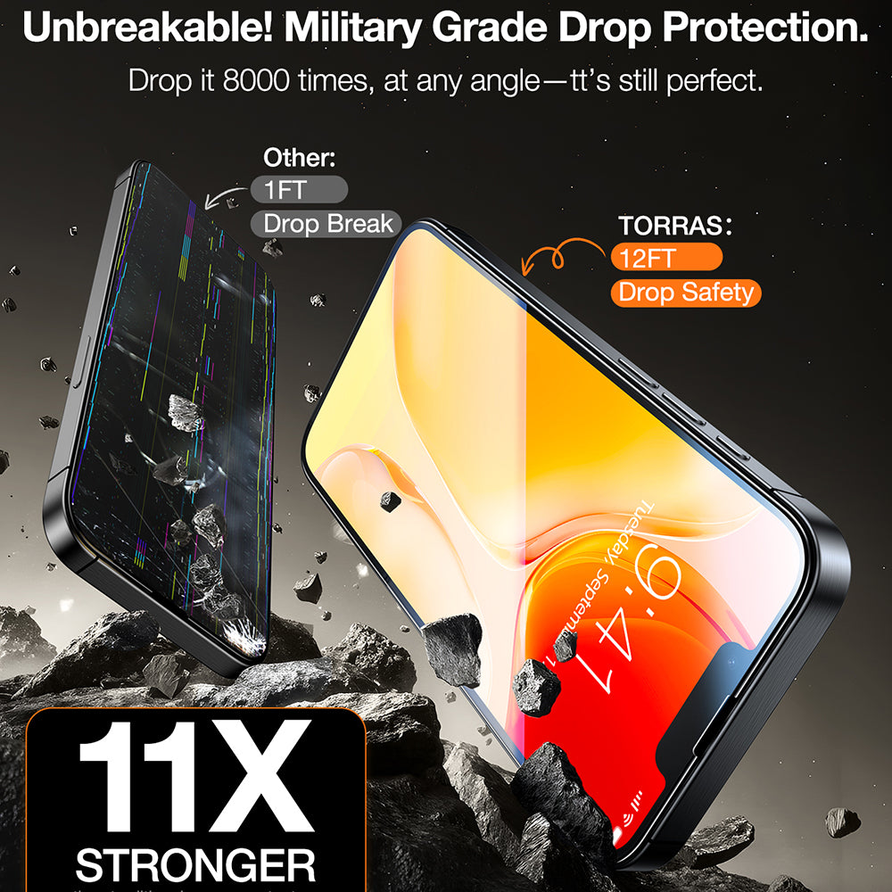 Torras GlassGo Install Master -näytönsuoja Apple iPhone 17e / 16e / 14 / 13 Pro -puhelimille, karkaistu lasi, täysi liima, 2 kappaleen setti