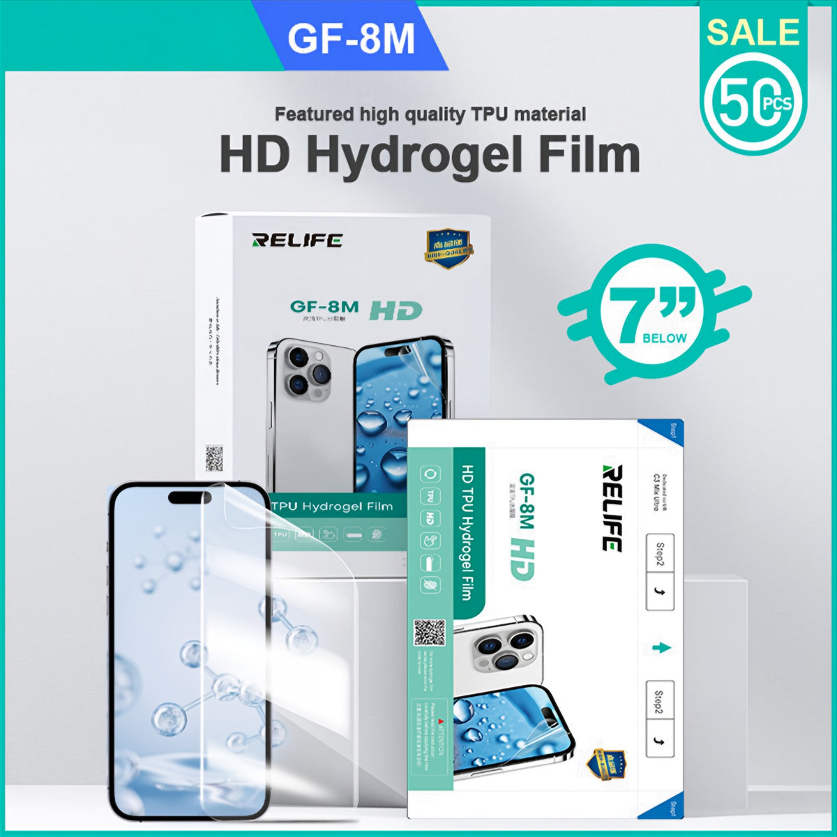Hydrogeelikalvo / TPU Relife GF-8M UV-tyhjiölaminointikoneeseen Sunshine C3 Mix Ultra, 120mm x 210mm, 50 kappaleen setti