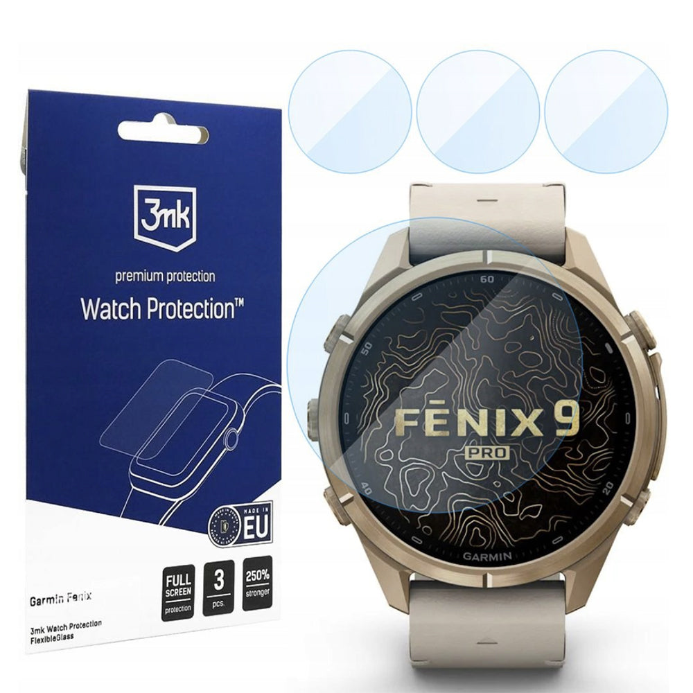 3MK FlexibleGlass -suojakalvo Garmin Fenix 9 Pro 43mm:lle, 3 kappaleen setti, joustava lasi