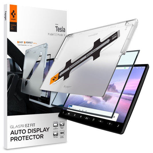 Spigen GlastR EZ FIT -suojakalvo Tesla X / S -navigaattoriin (2022 - 2021), Panssarilasi, Musta AGL04688