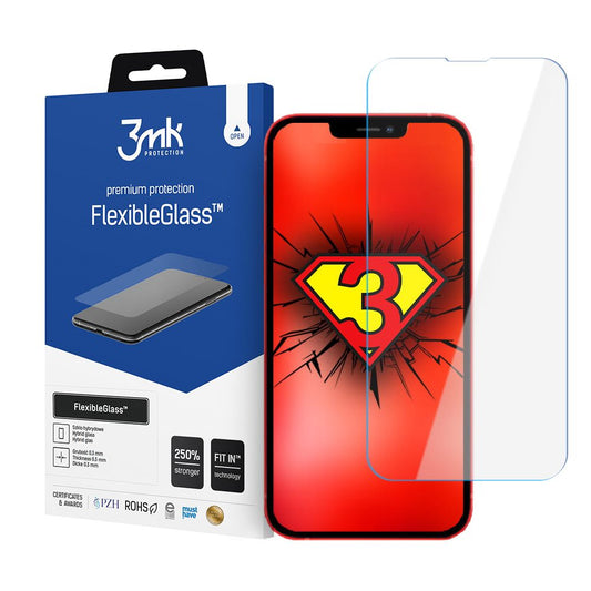 3MK FlexibleGlass -näytönsuoja Apple iPhone 17e / 16e / 14 / 13 Pro -puhelimille, joustava lasi, täysiliimainen