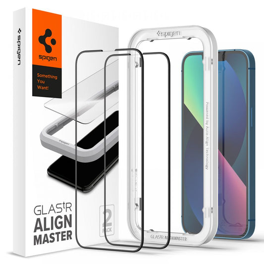 Spigen GlastR Align Master -suojakalvo Apple iPhone 16e / 14 -puhelimille, Panssarilasi, Täysliima, 2 kappaleen setti, Musta AGL03387