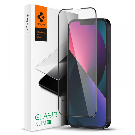 Spigen GlastR Slim -suojakalvo Apple iPhone 17e / 16e / 14 / 13 Pro -puhelimille, Karkaistu lasi, Täysliima, Musta AGL03392