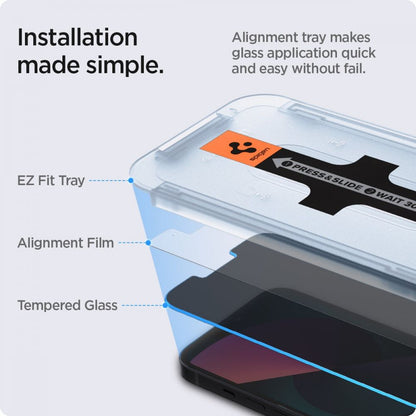 Spigen GlastR EZ FIT Privacy-näytönsuoja Apple iPhone 17e / 16e / 14 / 13 Pro -malleille, karkaistu lasi, täyteeliimalla, 2 kappaleen setti AGL03388
