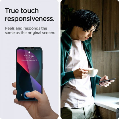Spigen GlastR EZ FIT Privacy-näytönsuoja Apple iPhone 17e / 16e / 14 / 13 Pro -malleille, karkaistu lasi, täyteeliimalla, 2 kappaleen setti AGL03388