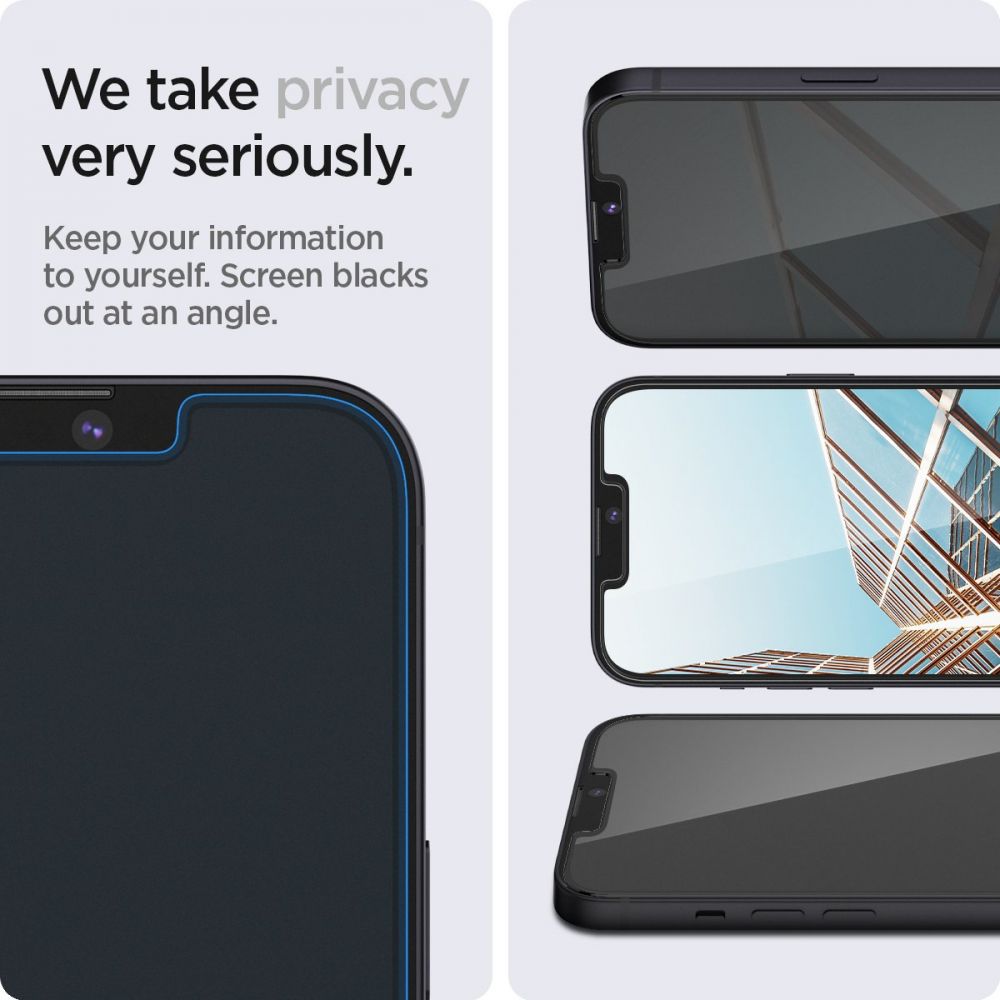 Spigen GlastR EZ FIT Privacy-näytönsuoja Apple iPhone 17e / 16e / 14 / 13 Pro -malleille, karkaistu lasi, täyteeliimalla, 2 kappaleen setti AGL03388