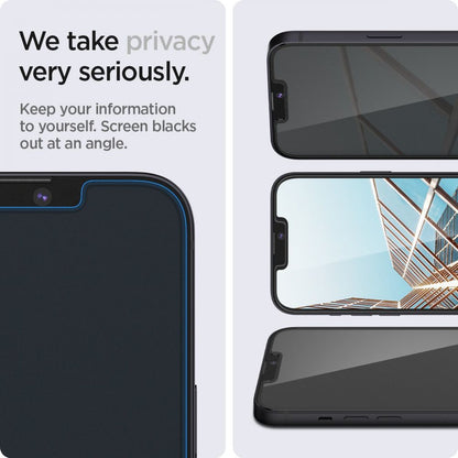 Spigen GlastR EZ FIT Privacy-näytönsuoja Apple iPhone 17e / 16e / 14 / 13 Pro -malleille, karkaistu lasi, täyteeliimalla, 2 kappaleen setti AGL03388