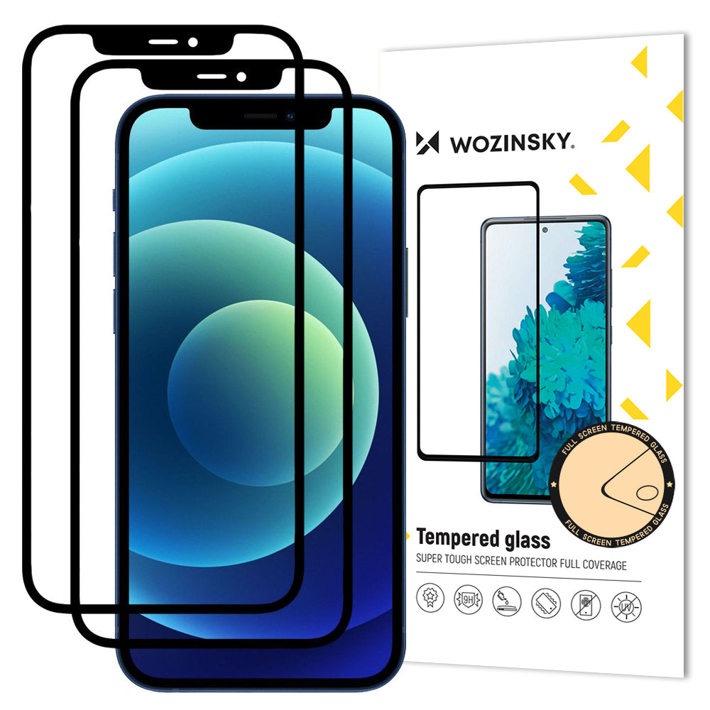 WZK-näytönsuoja Apple iPhone 12 / 12 Pro:lle, karkaistu lasi, täysi liima, 2 kappaleen setti, koteloystävällinen, musta