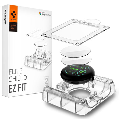 Suojakalvo Spigen Elite Shield EZ FIT Google Pixel Watch 45mm -sarjalle, 2 kappaleen setti, suojattu lasi, läpinäkyvä AFL08525